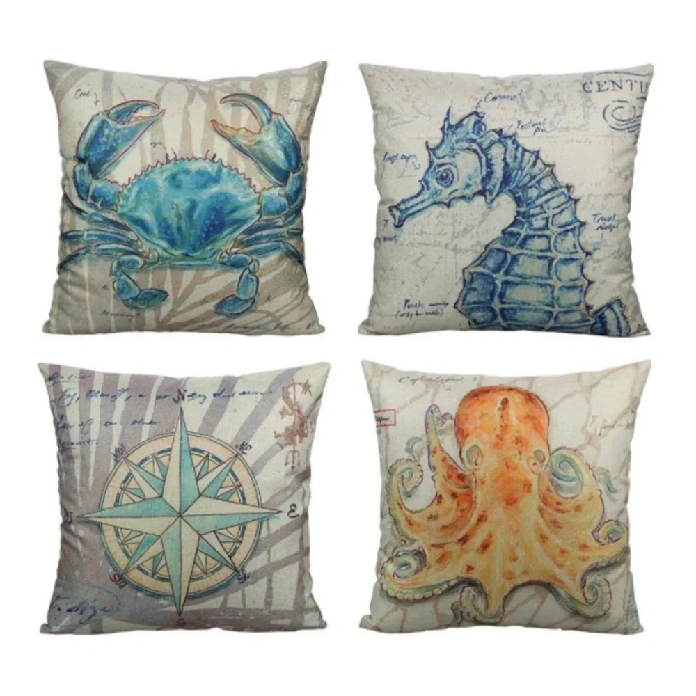Luxury Home | Set of 4 Nautical Blue Coastal Sea Creature Throw Pillow Covers